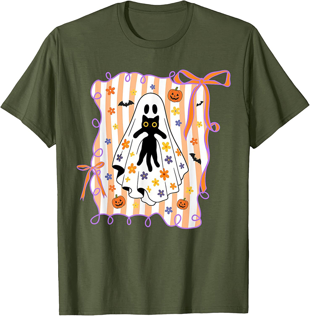 Spooky Ghost Holding Black Cat Halloween Coquette Bow Women T-Shirt
