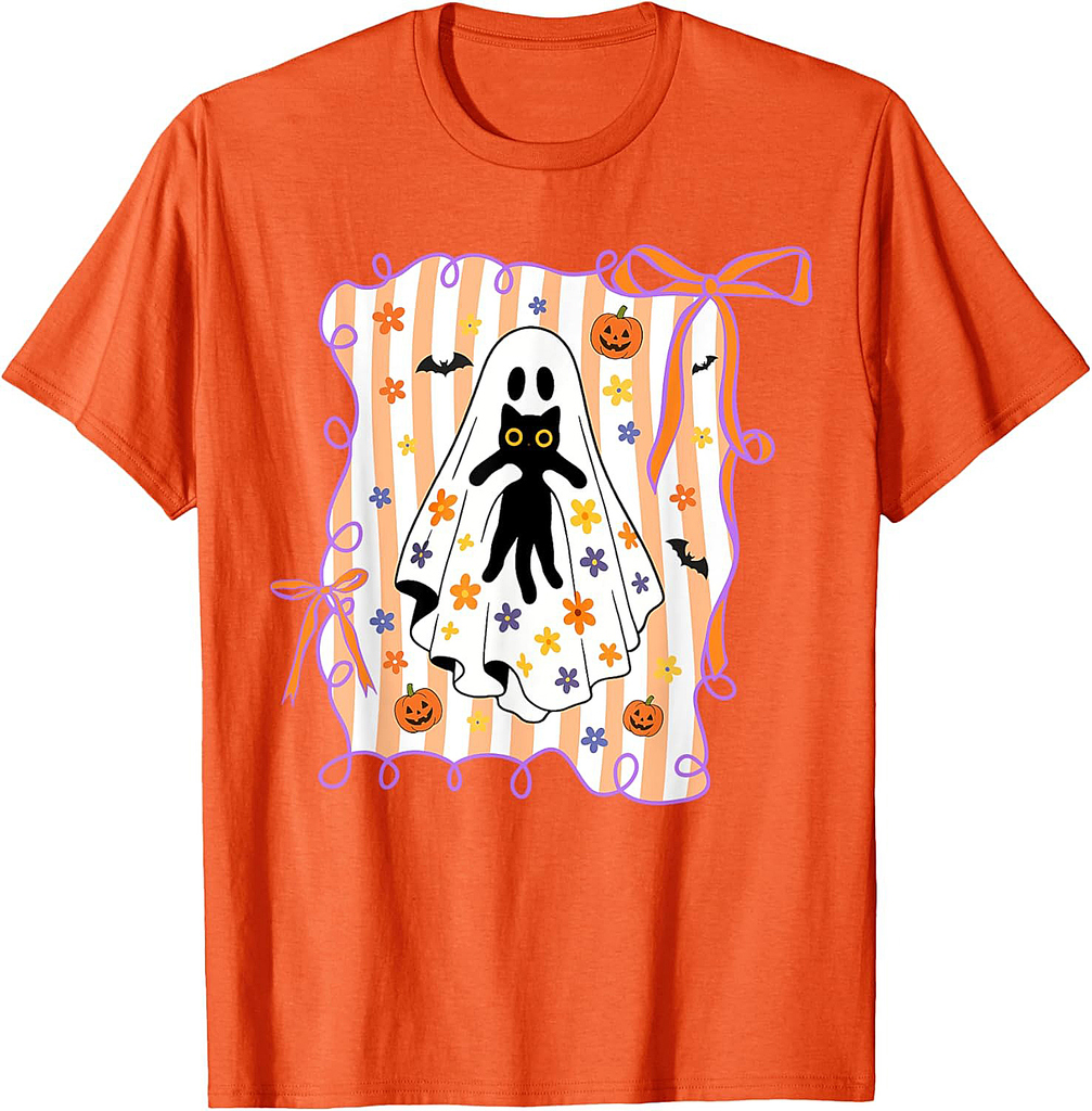 Spooky Ghost Holding Black Cat Halloween Coquette Bow Women T-Shirt