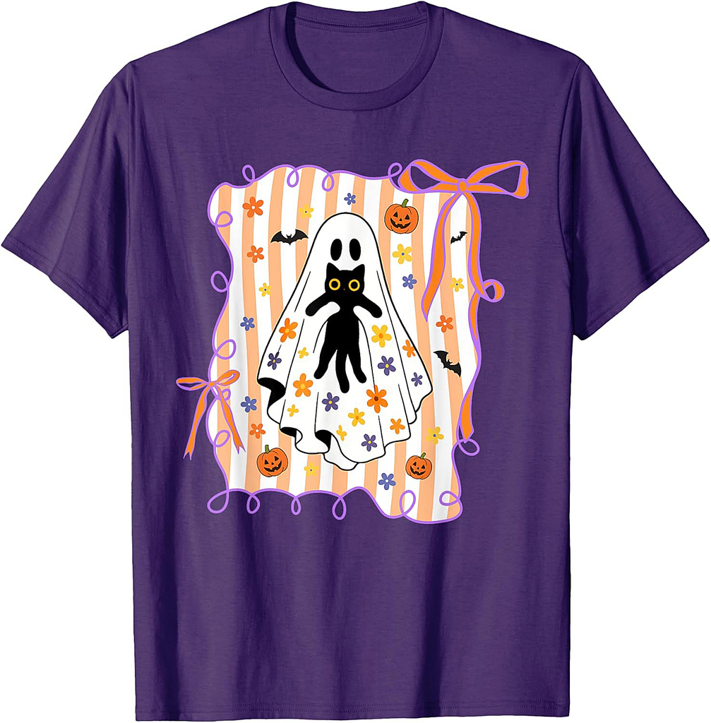 Spooky Ghost Holding Black Cat Halloween Coquette Bow Women T-Shirt