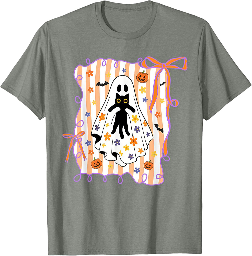 Spooky Ghost Holding Black Cat Halloween Coquette Bow Women T-Shirt