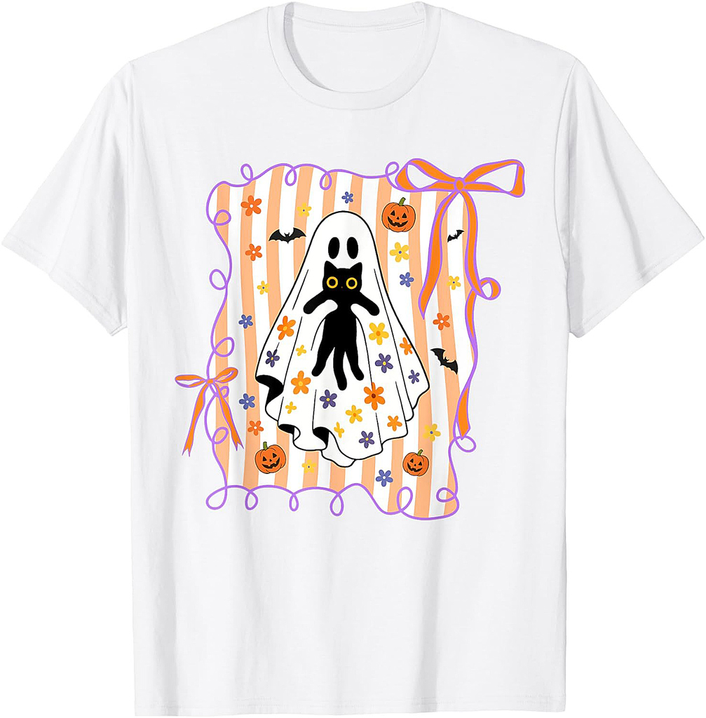 Spooky Ghost Holding Black Cat Halloween Coquette Bow Women T-Shirt