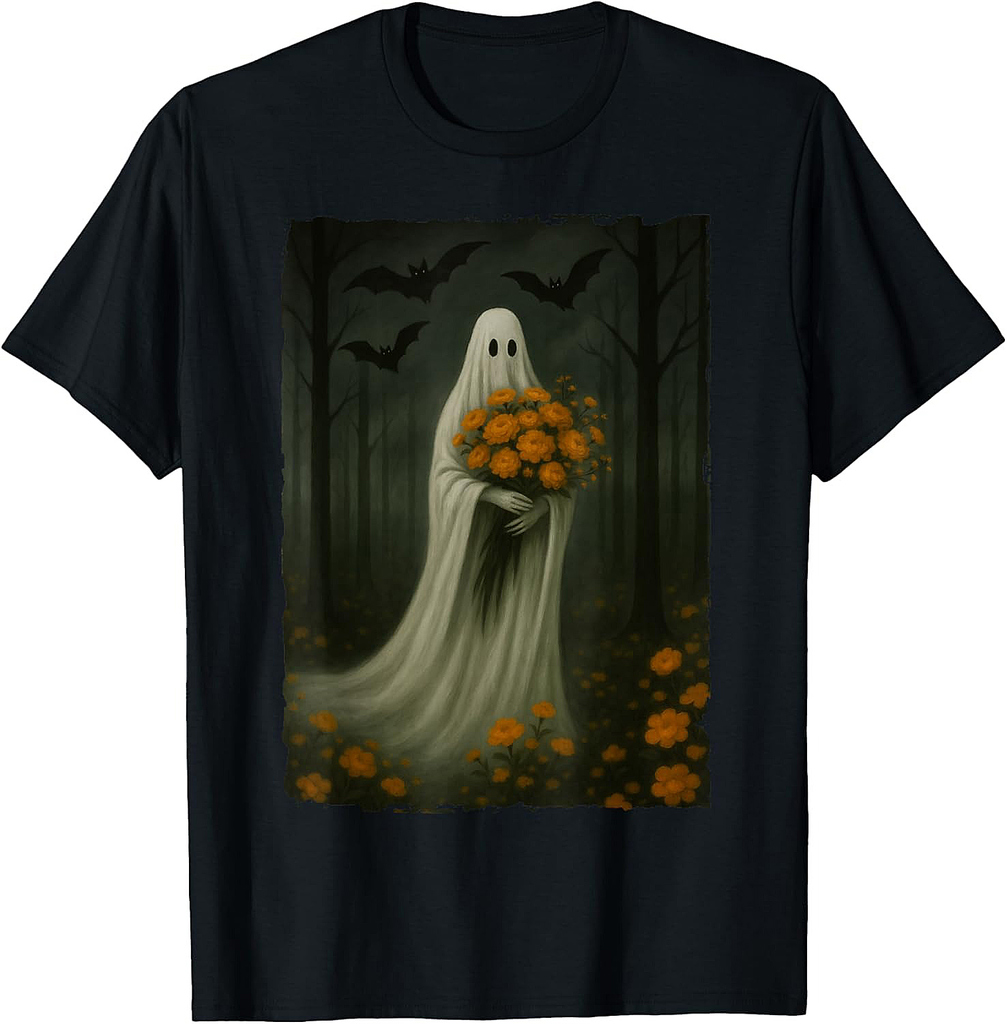 Spooky Ghost Holding Flowers in Forest Bats Halloween Art T-Shirt