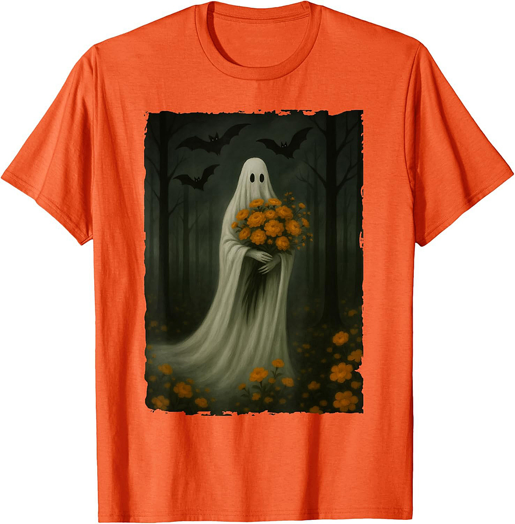 Spooky Ghost Holding Flowers in Forest Bats Halloween Art T-Shirt