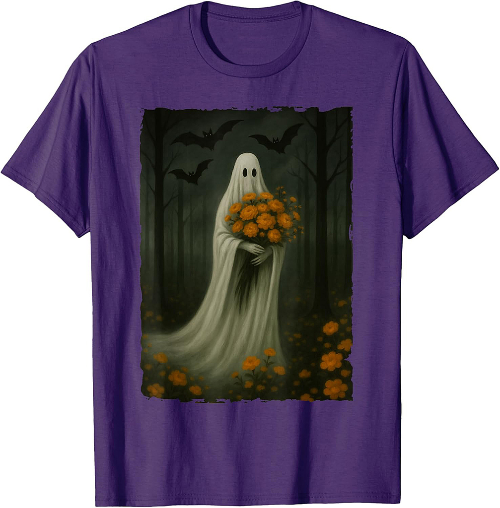 Spooky Ghost Holding Flowers in Forest Bats Halloween Art T-Shirt