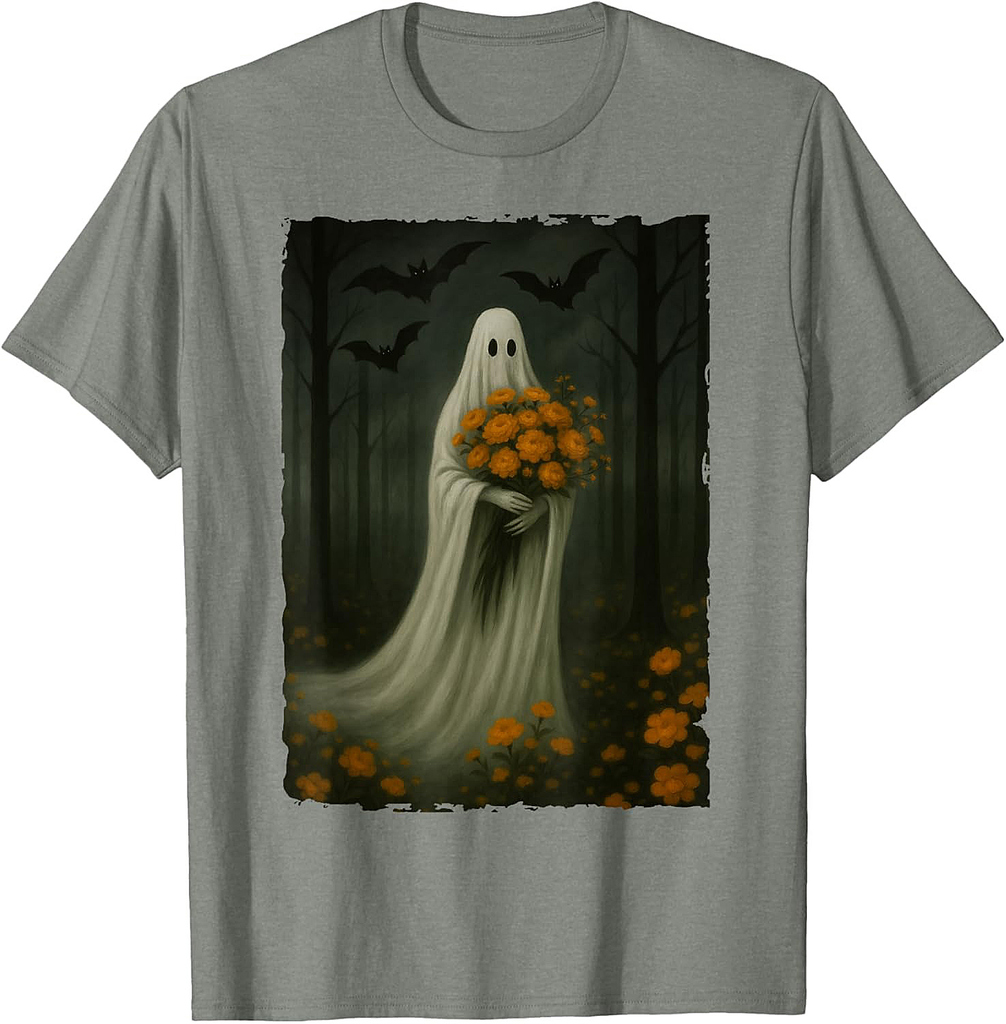 Spooky Ghost Holding Flowers in Forest Bats Halloween Art T-Shirt