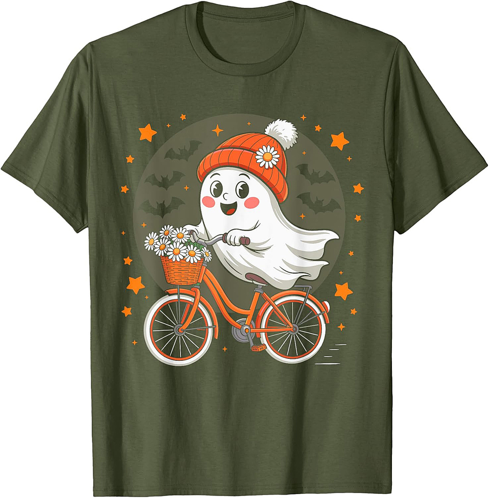Spooky Ghost on Bike Funny Halloween Men Women Kids Boys T-Shirt