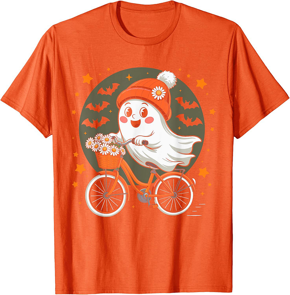 Spooky Ghost on Bike Funny Halloween Men Women Kids Boys T-Shirt