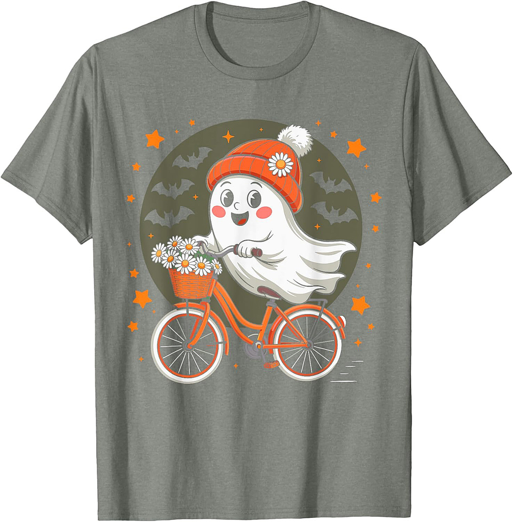 Spooky Ghost on Bike Funny Halloween Men Women Kids Boys T-Shirt