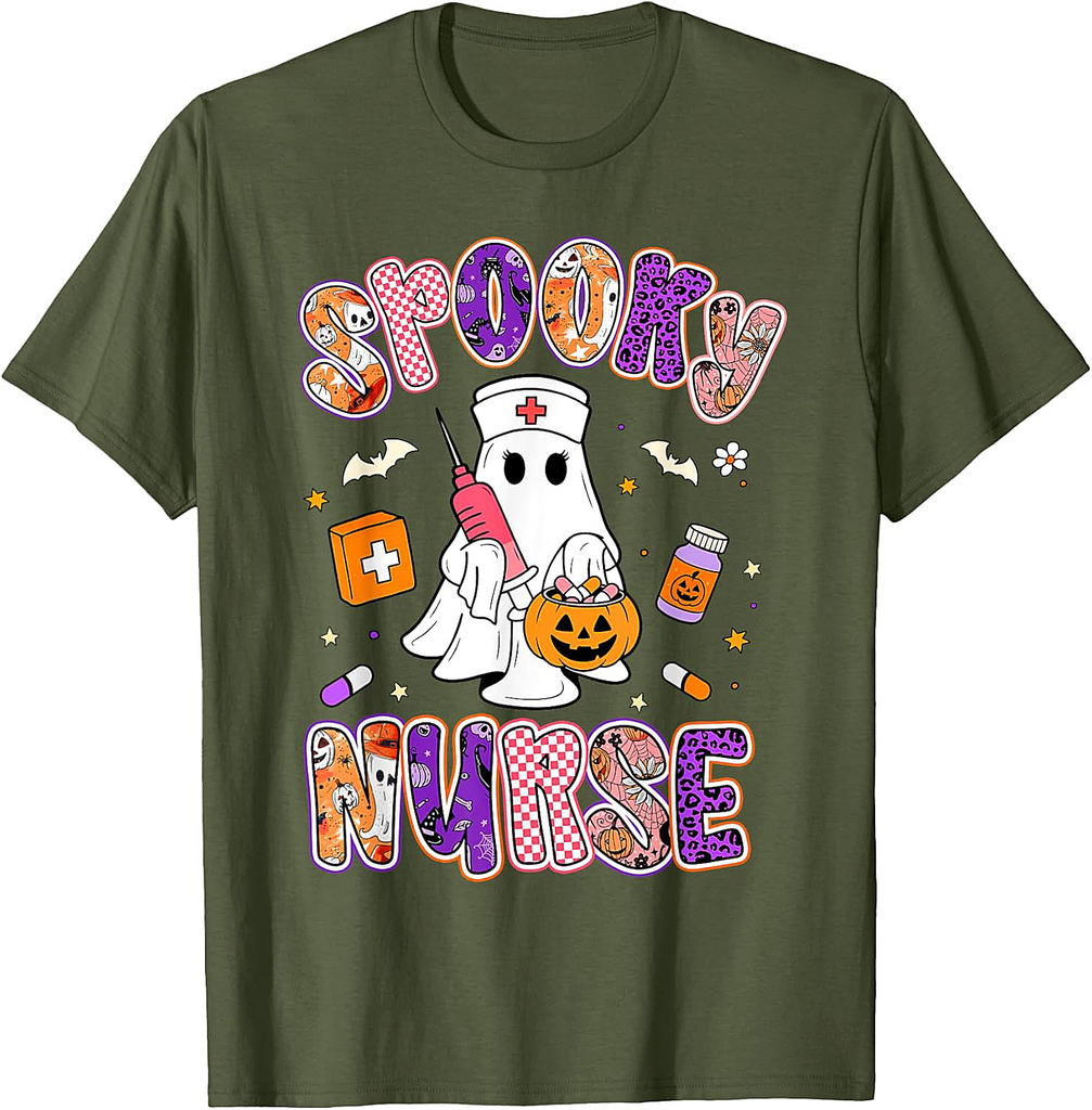 Spooky Nurse Ghost Retro Groovy Halloween Women Girls Kids T-Shirt