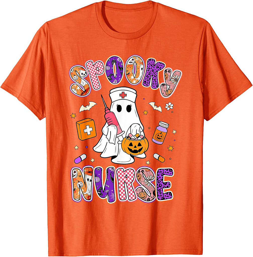 Spooky Nurse Ghost Retro Groovy Halloween Women Girls Kids T-Shirt