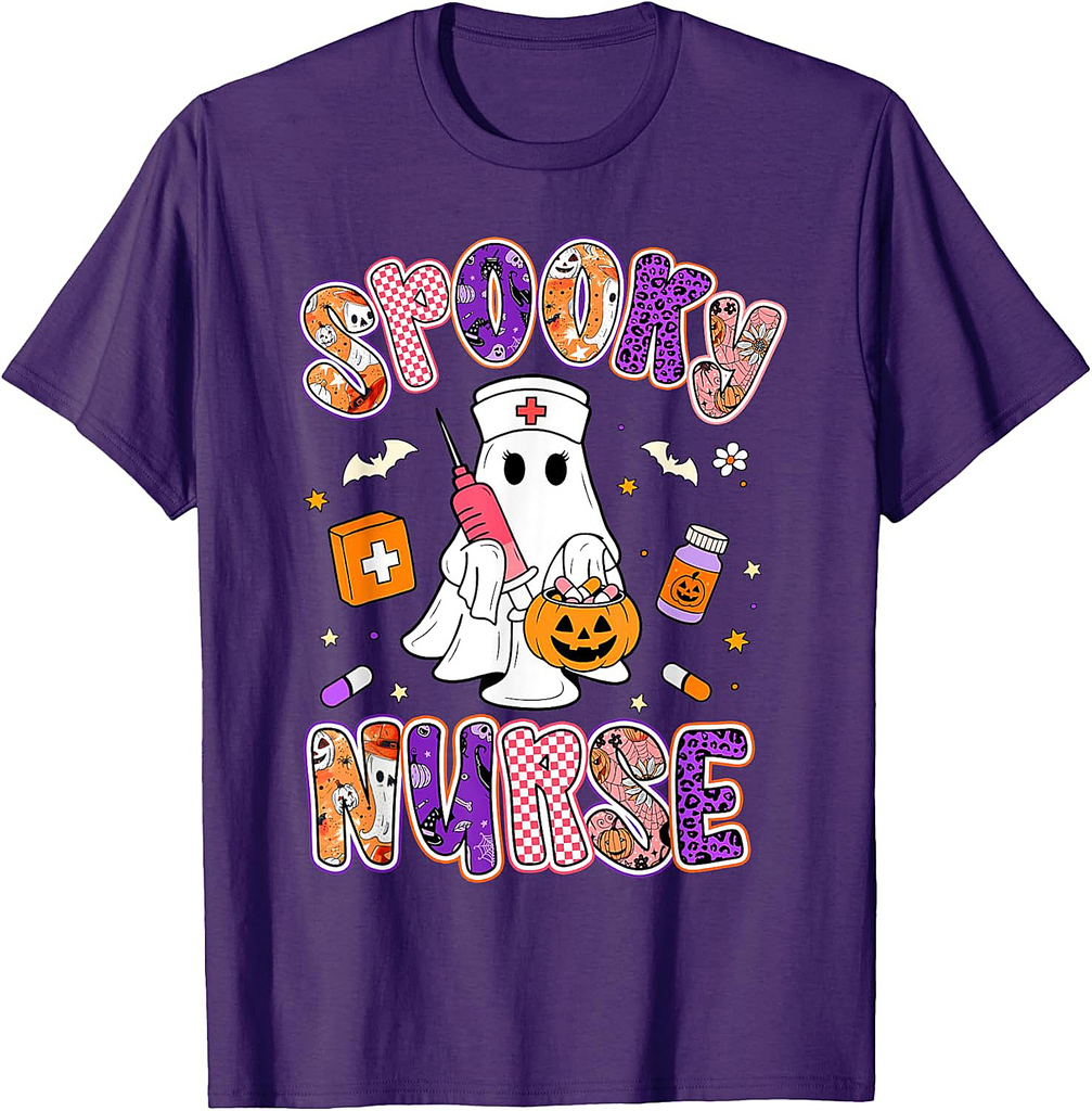Spooky Nurse Ghost Retro Groovy Halloween Women Girls Kids T-Shirt