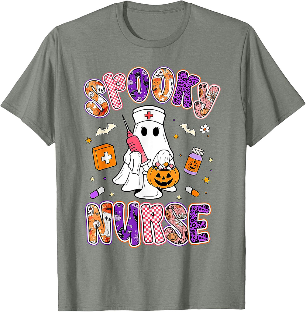 Spooky Nurse Ghost Retro Groovy Halloween Women Girls Kids T-Shirt