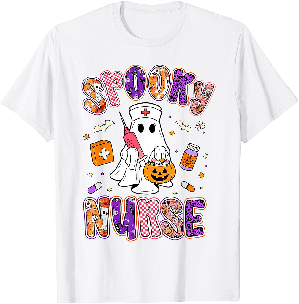 Spooky Nurse Ghost Retro Groovy Halloween Women Girls Kids T-Shirt