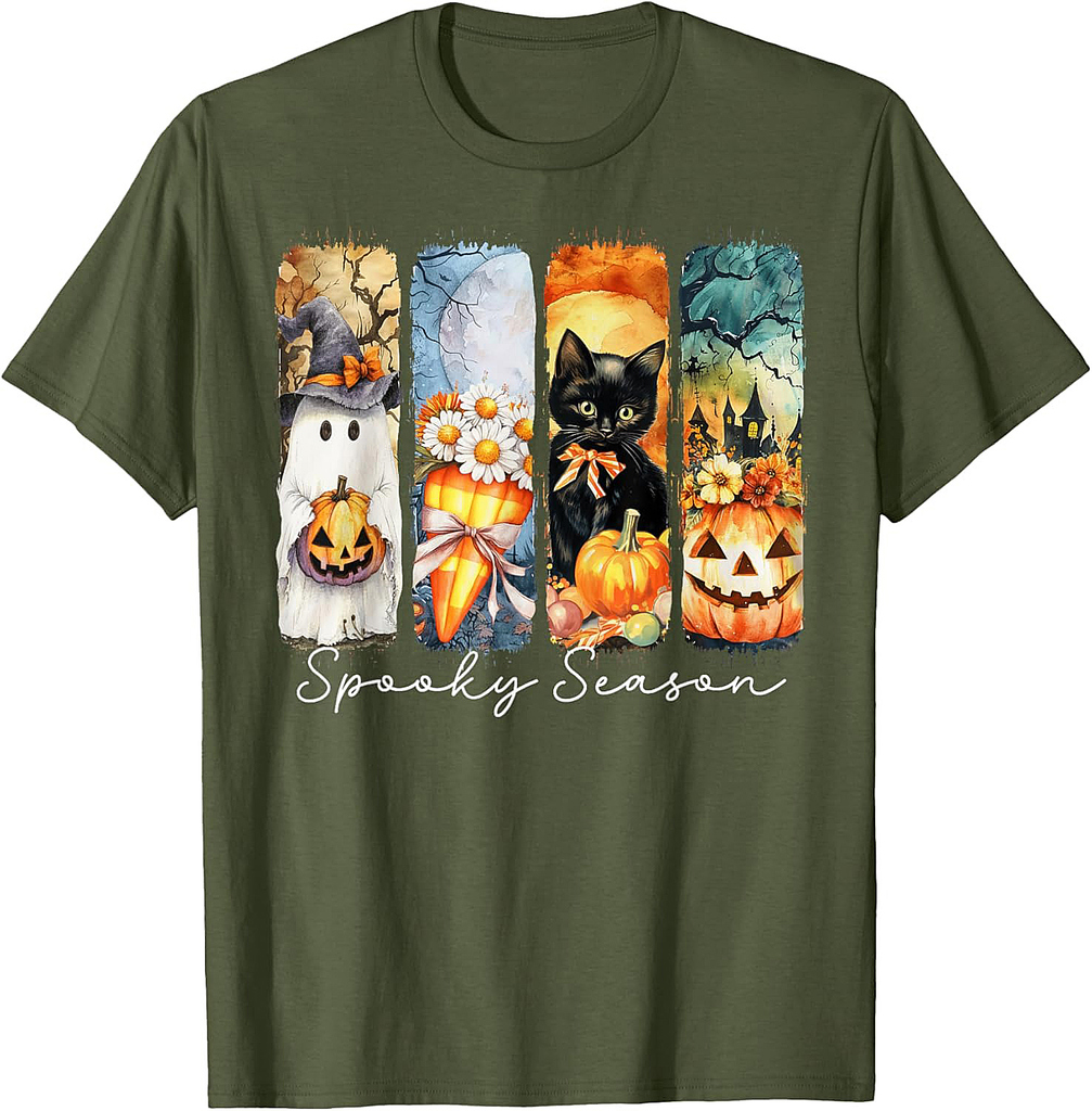 Spooky Season Ghost Black Cat Pumpkin Haunted Halloween Art T-Shirt