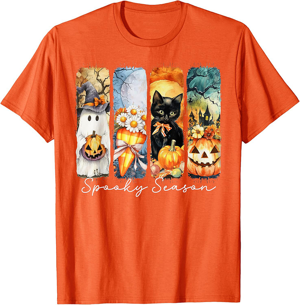 Spooky Season Ghost Black Cat Pumpkin Haunted Halloween Art T-Shirt
