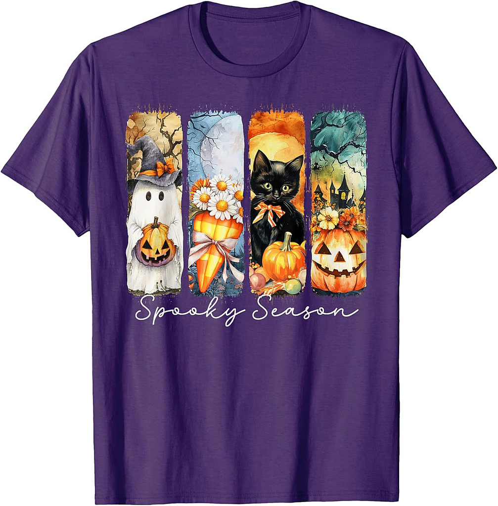 Spooky Season Ghost Black Cat Pumpkin Haunted Halloween Art T-Shirt