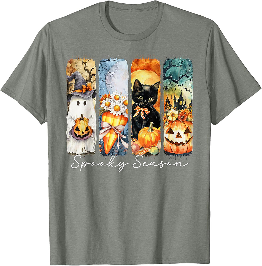 Spooky Season Ghost Black Cat Pumpkin Haunted Halloween Art T-Shirt