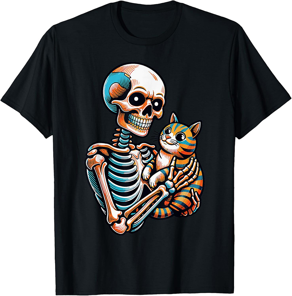 Spooky Skeleton Holding Cat Shirt Lazy Halloween Costume T-Shirt