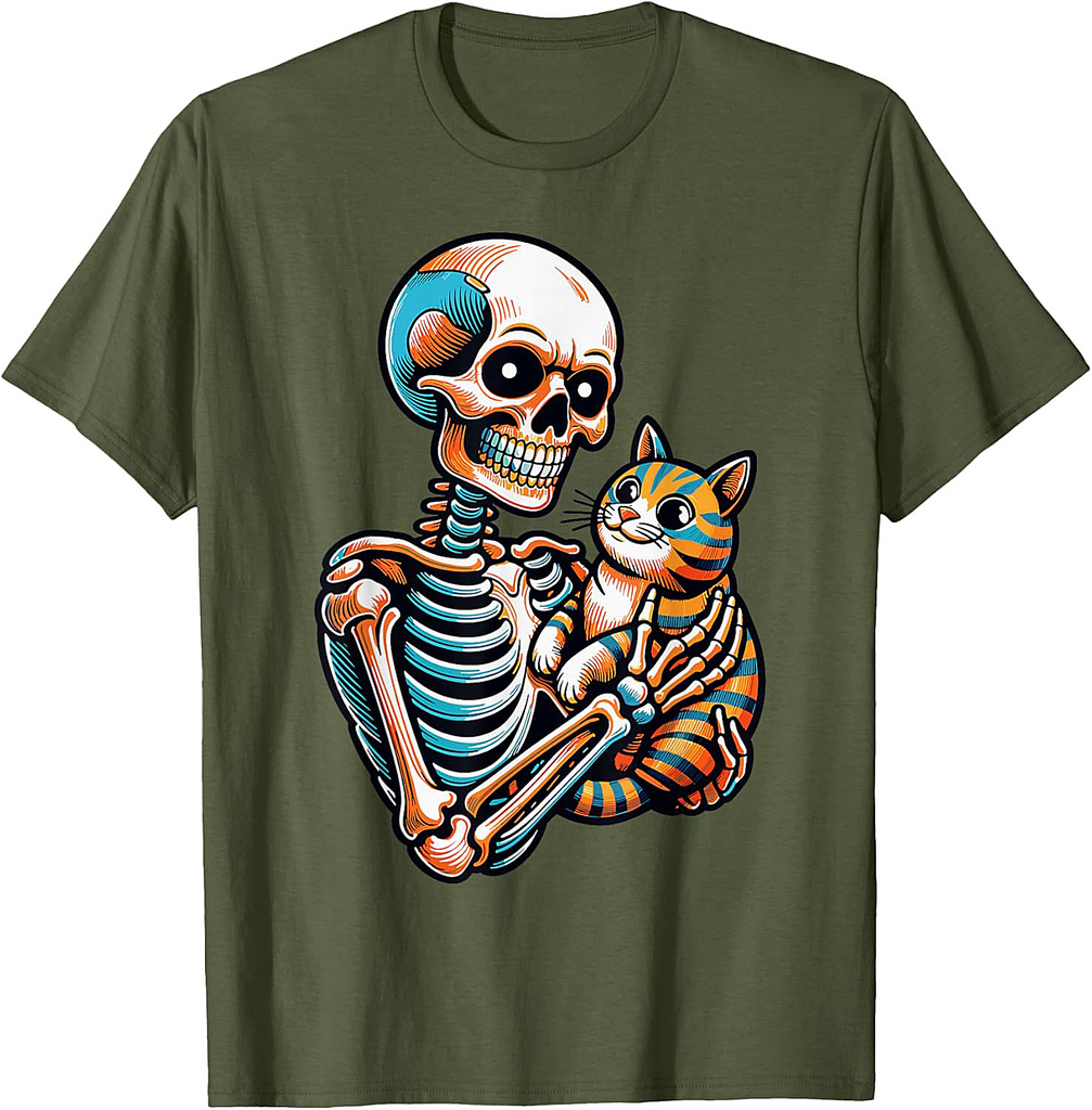 Spooky Skeleton Holding Cat Shirt Lazy Halloween Costume T-Shirt