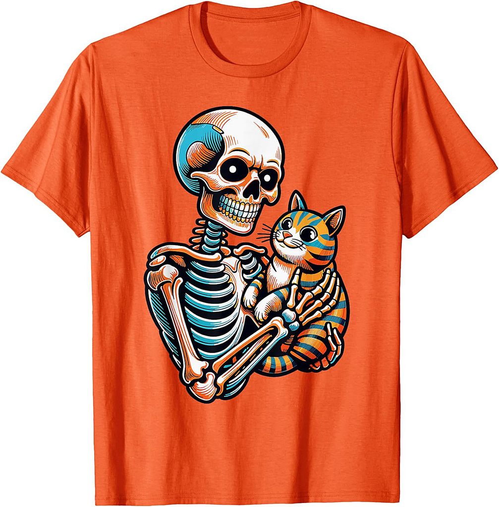 Spooky Skeleton Holding Cat Shirt Lazy Halloween Costume T-Shirt