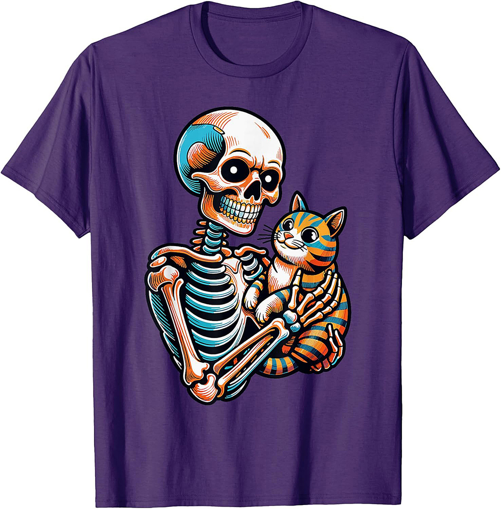 Spooky Skeleton Holding Cat Shirt Lazy Halloween Costume T-Shirt