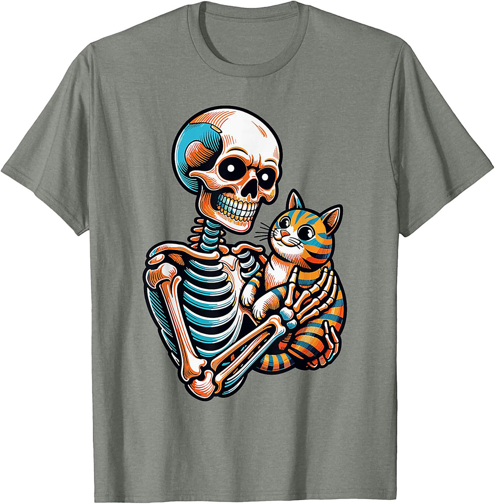 Spooky Skeleton Holding Cat Shirt Lazy Halloween Costume T-Shirt