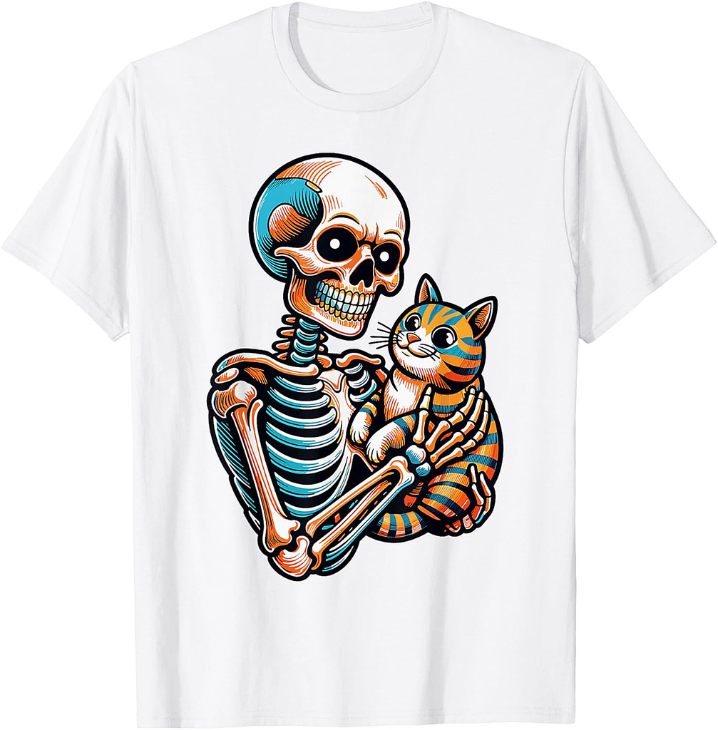Spooky Skeleton Holding Cat Shirt Lazy Halloween Costume T-Shirt