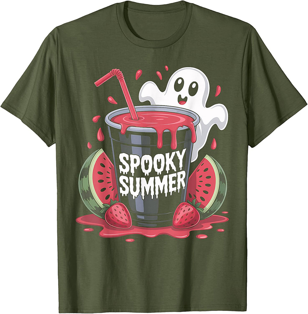Spooky Summer Cute Kawaii Ghost Halloween Watermelon Graphic T-Shirt