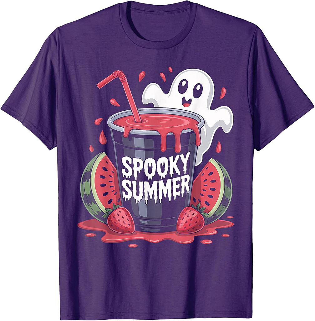 Spooky Summer Cute Kawaii Ghost Halloween Watermelon Graphic T-Shirt