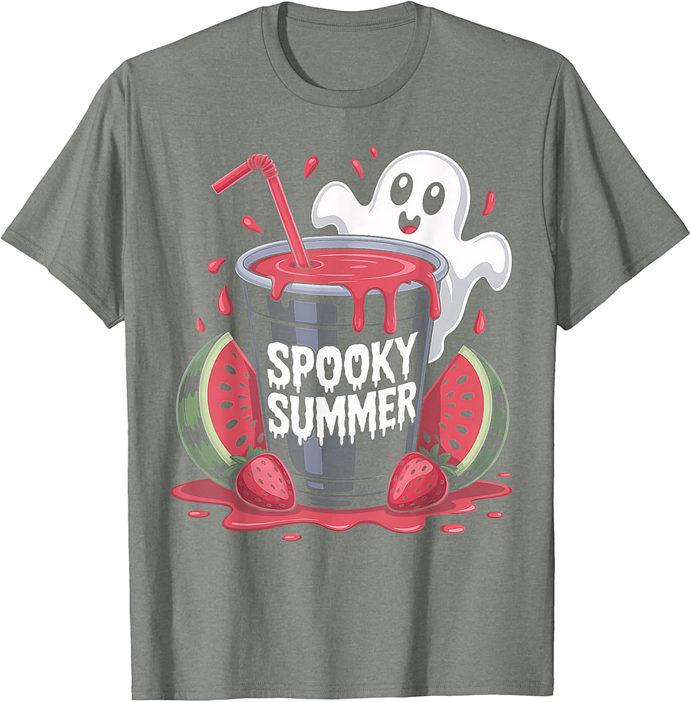 Spooky Summer Cute Kawaii Ghost Halloween Watermelon Graphic T-Shirt