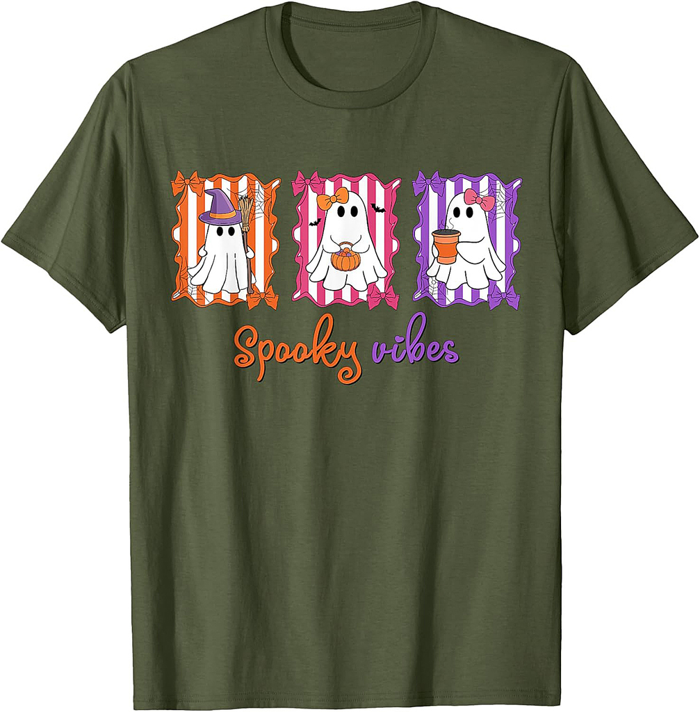 Spooky Vibes Ghost Retro Groovy Halloween Women Girls Kids T-Shirt