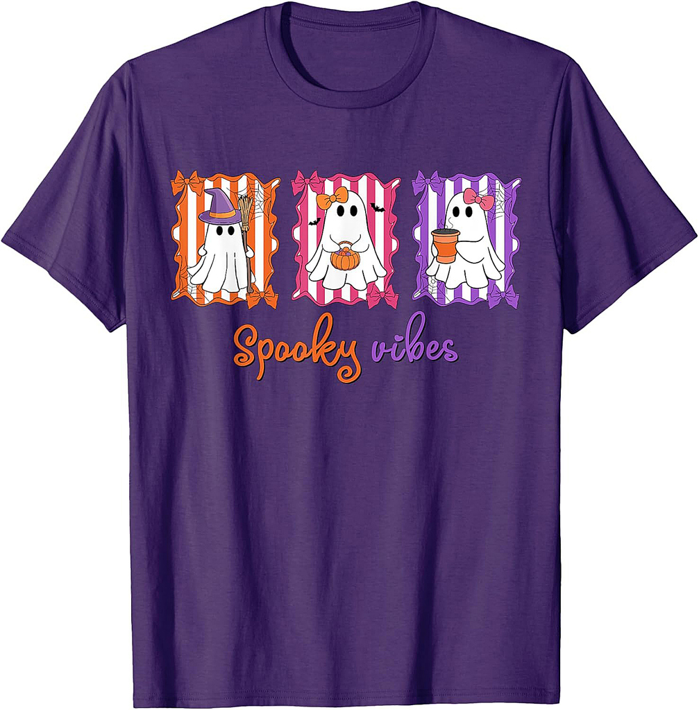 Spooky Vibes Ghost Retro Groovy Halloween Women Girls Kids T-Shirt