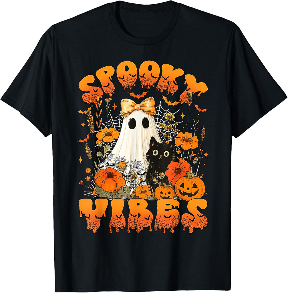 Spooky Vibes Lace Ghost Black Cat Floral Pumpkin Halloween T-Shirt