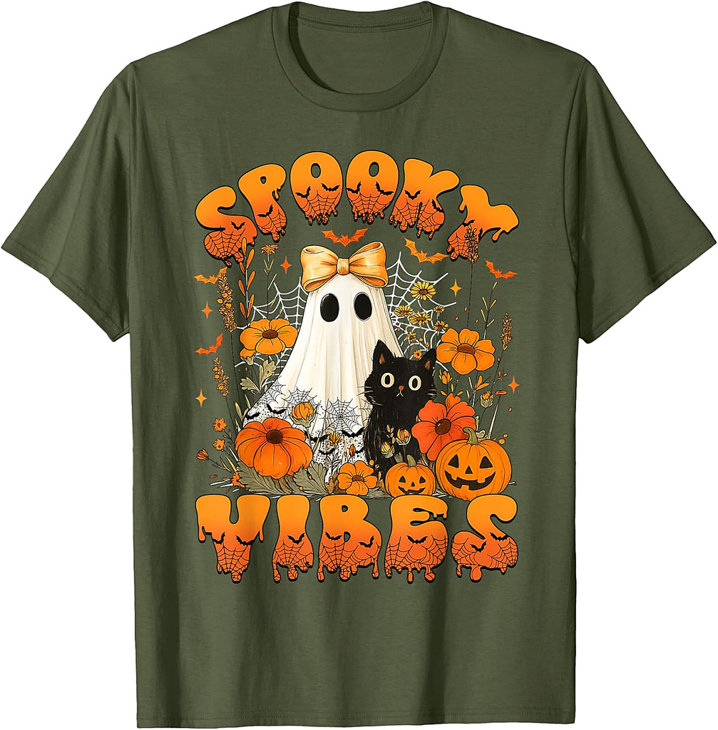 Spooky Vibes Lace Ghost Black Cat Floral Pumpkin Halloween T-Shirt