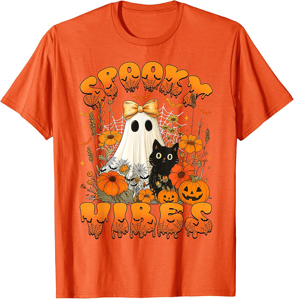 Spooky Vibes Lace Ghost Black Cat Floral Pumpkin Halloween T-Shirt