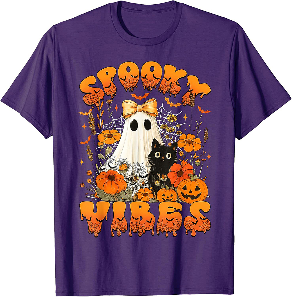 Spooky Vibes Lace Ghost Black Cat Floral Pumpkin Halloween T-Shirt