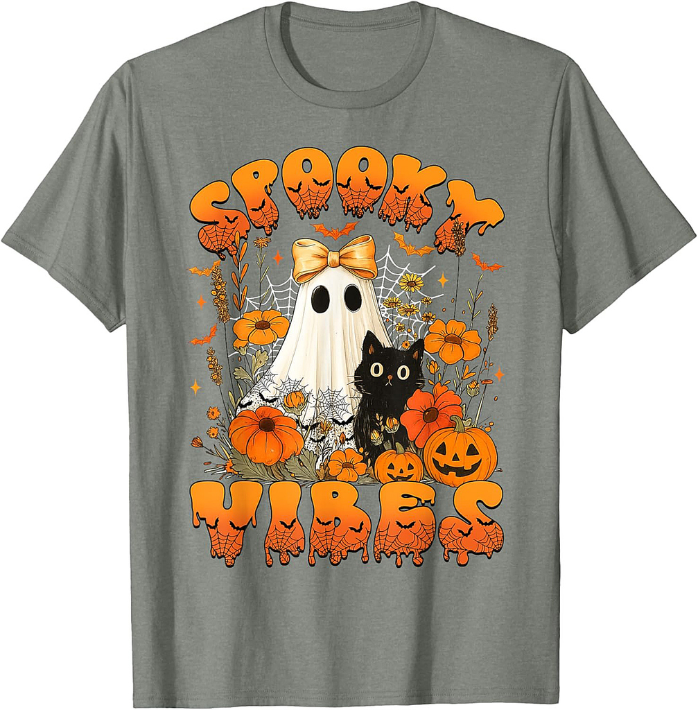 Spooky Vibes Lace Ghost Black Cat Floral Pumpkin Halloween T-Shirt