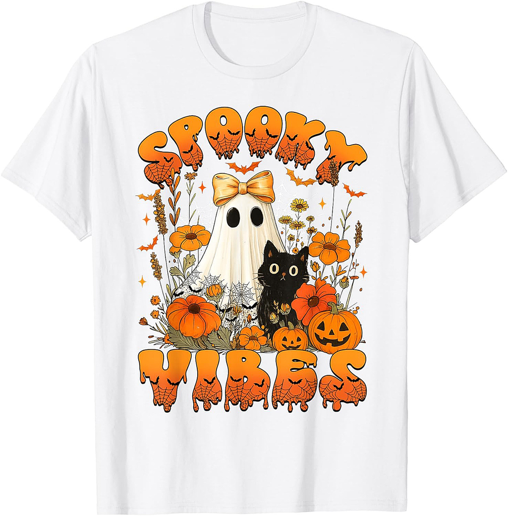 Spooky Vibes Lace Ghost Black Cat Floral Pumpkin Halloween T-Shirt