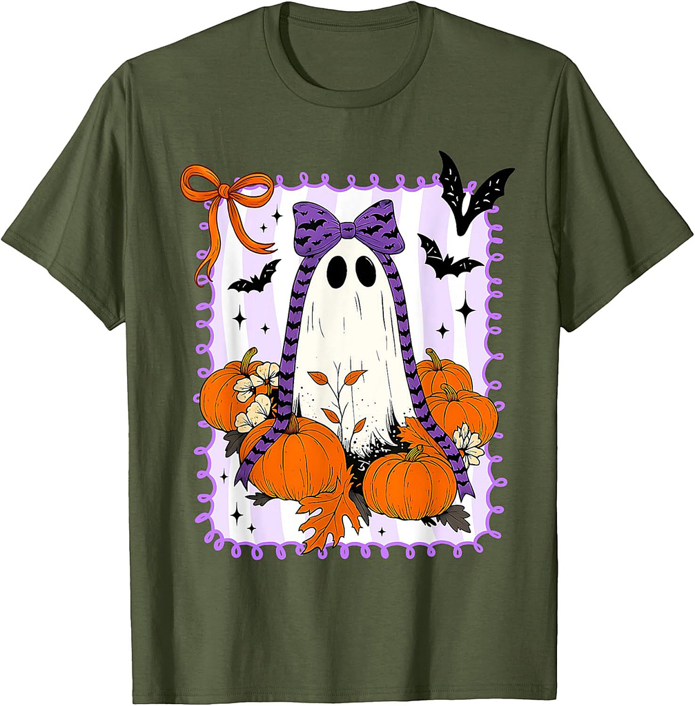 Spooky Vibes Retro Ghost Coquette Bow Halloween Women Girls T-Shirt