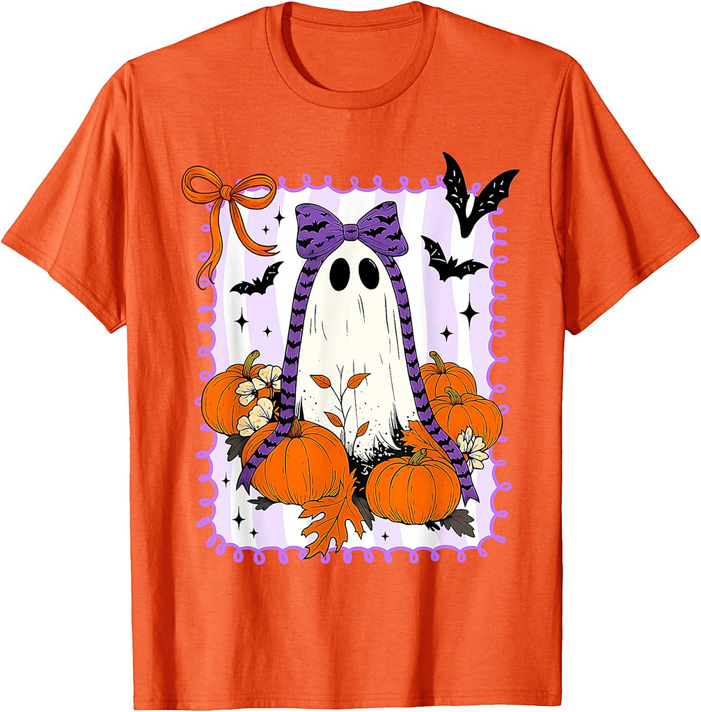 Spooky Vibes Retro Ghost Coquette Bow Halloween Women Girls T-Shirt