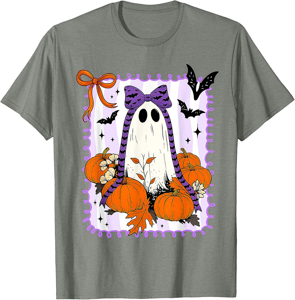 Spooky Vibes Retro Ghost Coquette Bow Halloween Women Girls T-Shirt