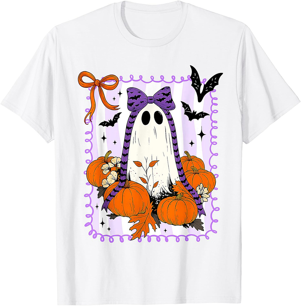 Spooky Vibes Retro Ghost Coquette Bow Halloween Women Girls T-Shirt