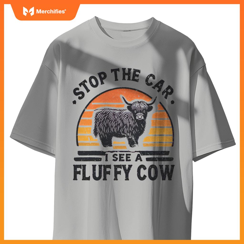 Stop The Car I See Fluffy Cow Retro Highland Cow Lover Funny T-Shirt