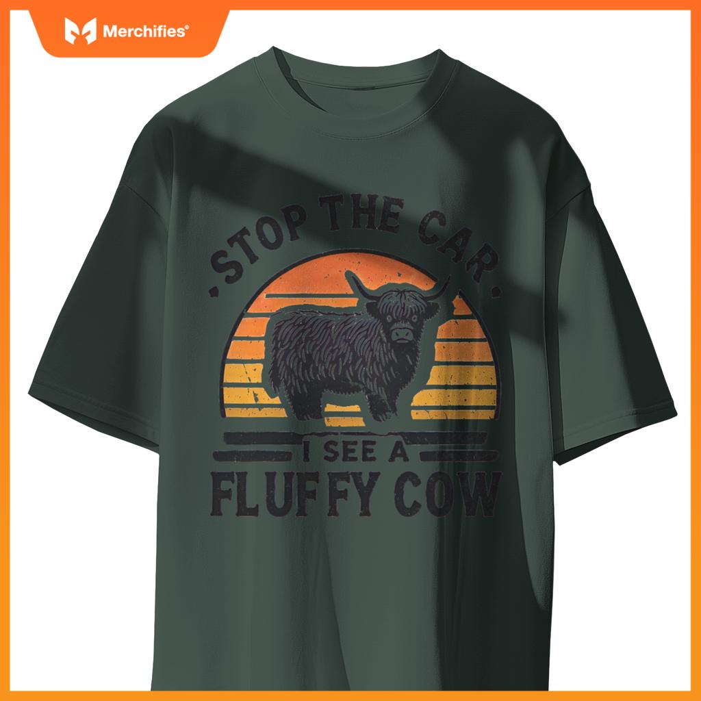 Stop The Car I See Fluffy Cow Retro Highland Cow Lover Funny T-Shirt