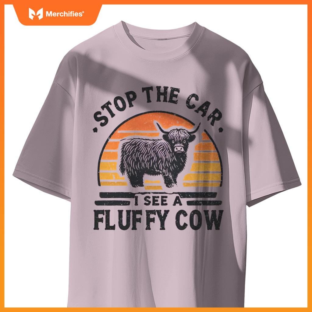 Stop The Car I See Fluffy Cow Retro Highland Cow Lover Funny T-Shirt