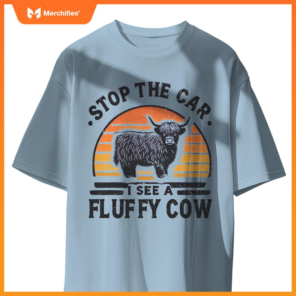 Stop The Car I See Fluffy Cow Retro Highland Cow Lover Funny T-Shirt