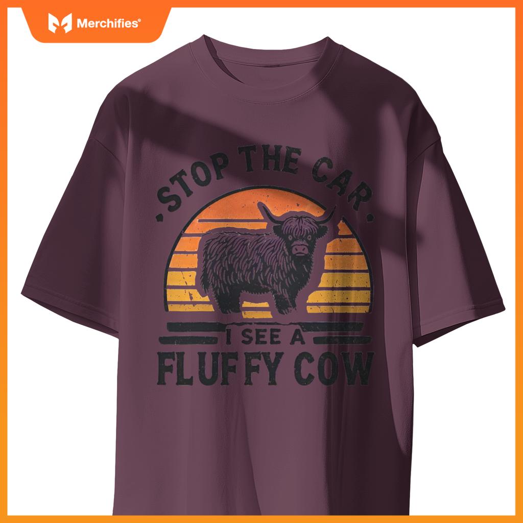 Stop The Car I See Fluffy Cow Retro Highland Cow Lover Funny T-Shirt