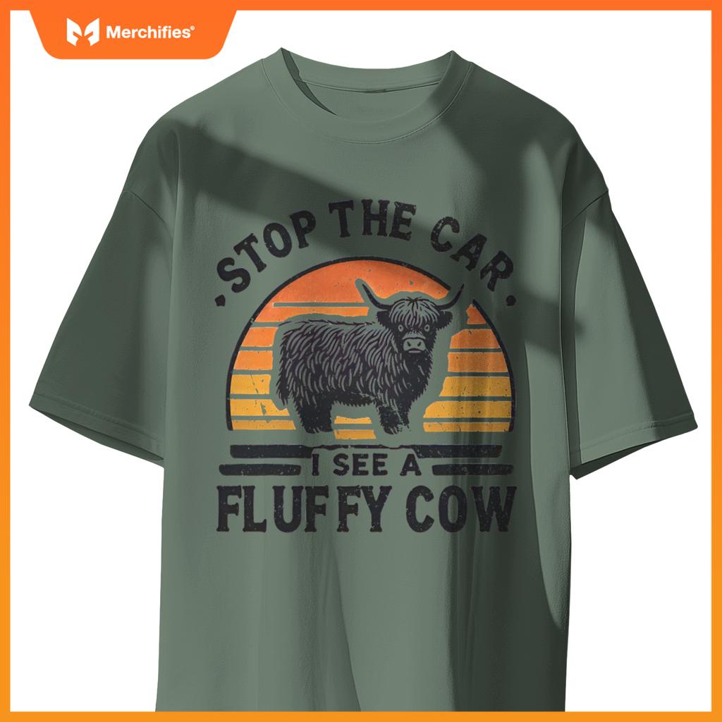 Stop The Car I See Fluffy Cow Retro Highland Cow Lover Funny T-Shirt