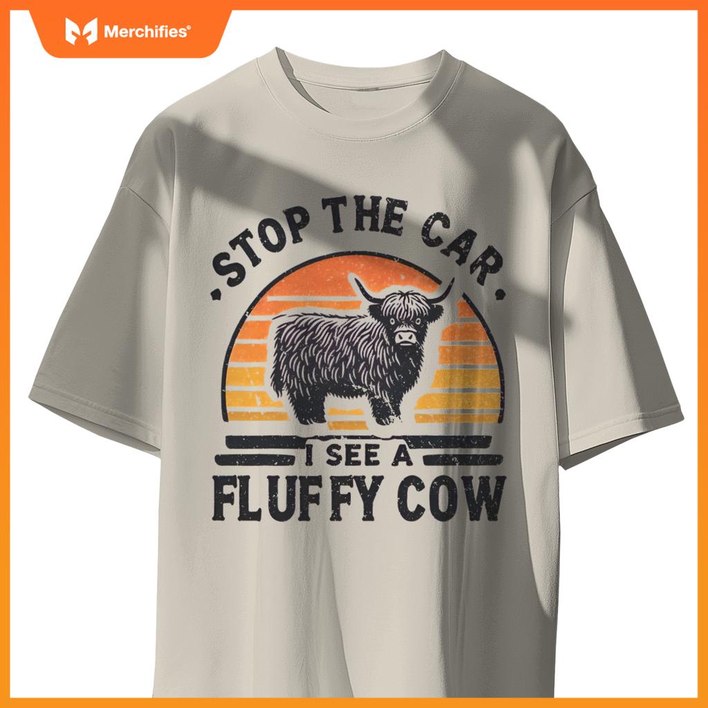Stop The Car I See Fluffy Cow Retro Highland Cow Lover Funny T-Shirt