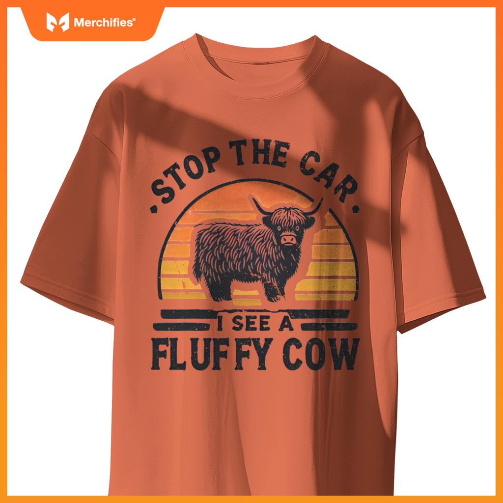 Stop The Car I See Fluffy Cow Retro Highland Cow Lover Funny T-Shirt